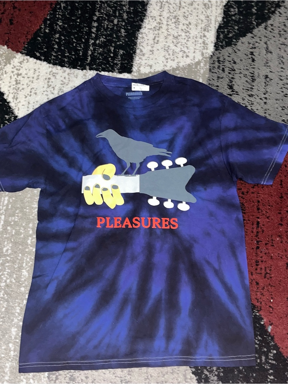 Pleasures Blue Tie-Dye Tee with Bird & Guitar Graphic Small